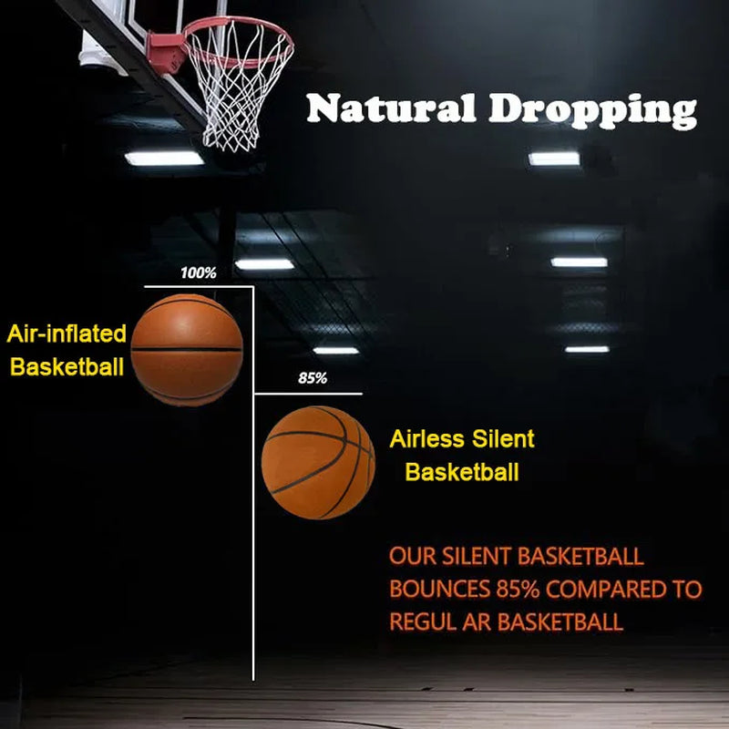 Foam silent indoor basketball near a hoop, brown ball with black panel lines.