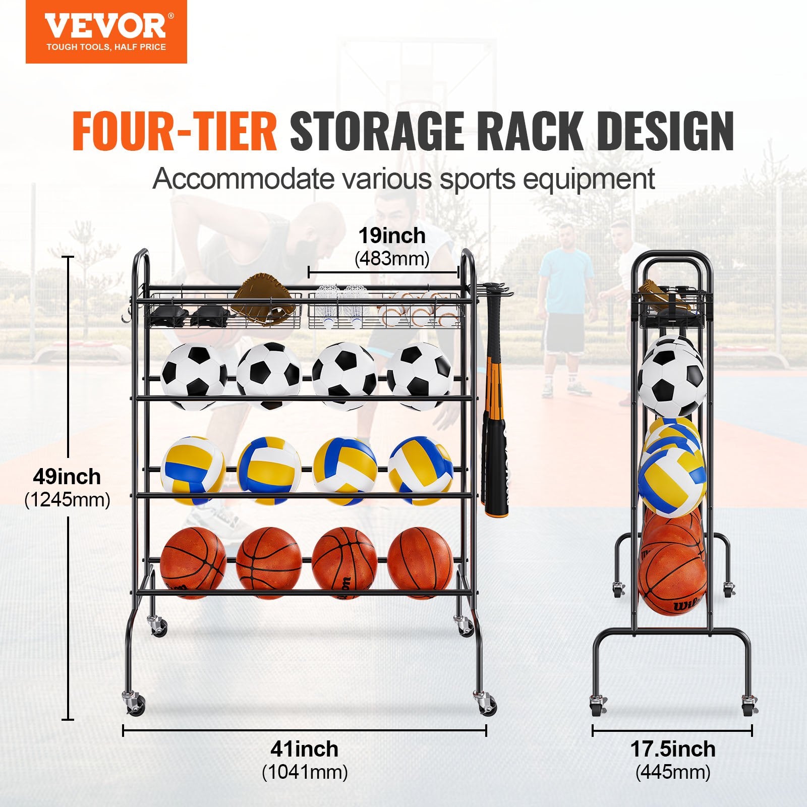 Four-tier sports storage rack with ball shelf, extendable bat-hanging hooks, and rolling casters