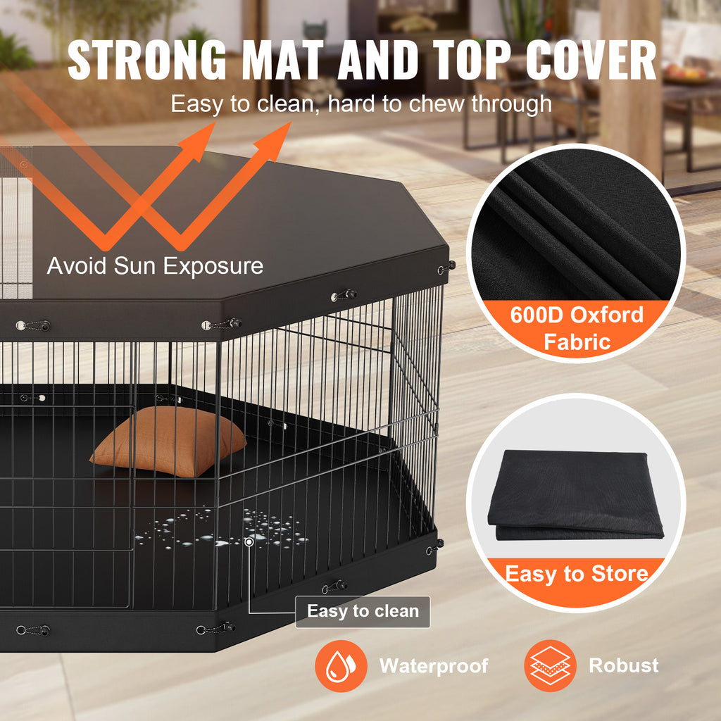Black metal pet playpen with top cover and folded black mat, side view corner angle