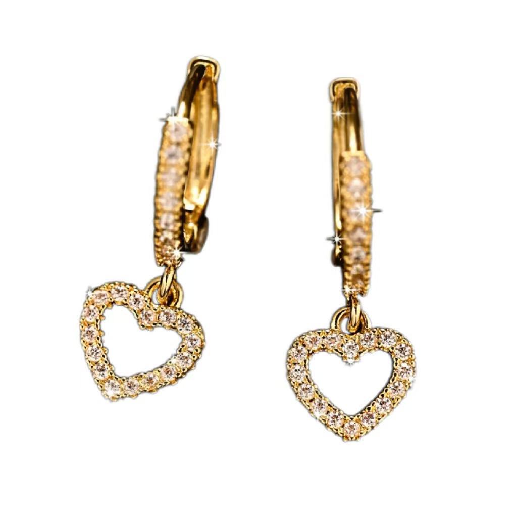 Retro Heart Pendant Earrings — Zircon Drop, Korean Style, Gold & Silver