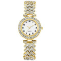 Gold-tone luxury quartz watch with rhinestone bezel and matching cuff bracelet