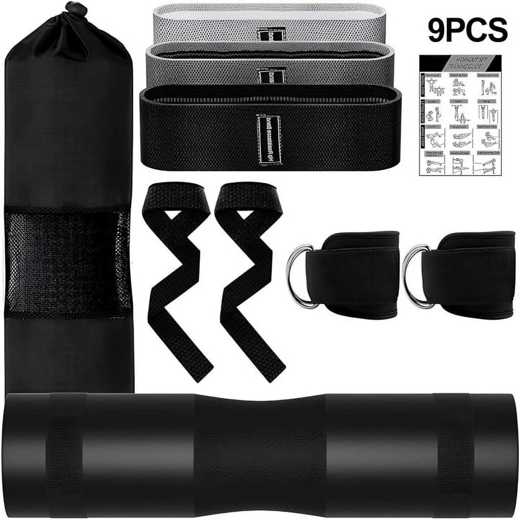 Barbell pad set with black hip resistance bands and ankle straps, includes 9 pieces