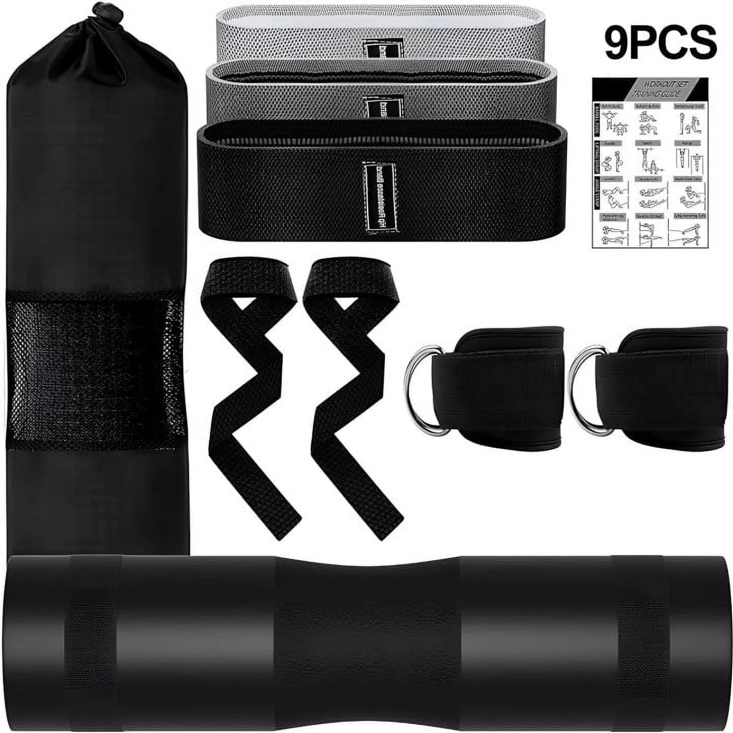 Barbell pad set with black hip resistance bands and ankle straps, includes 9 pieces