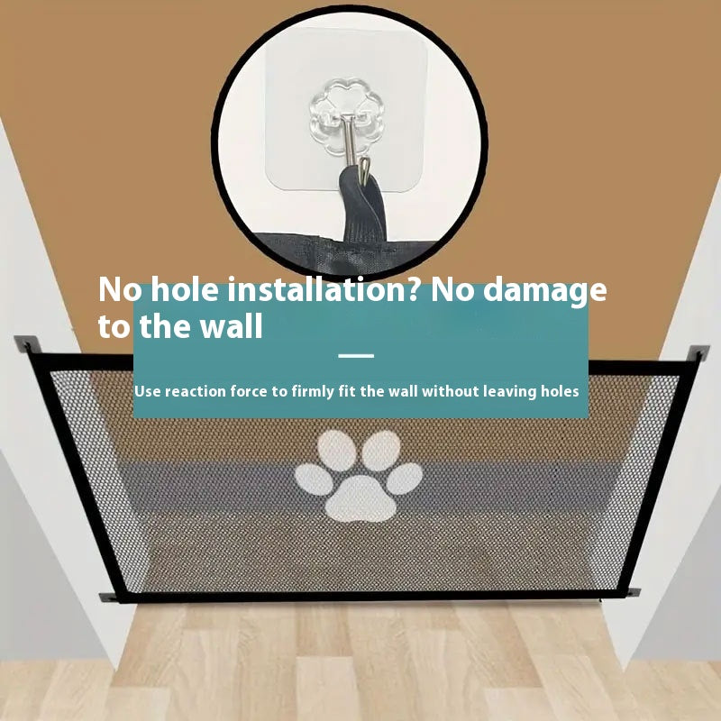 Gray mesh pet playpen gate with paw logo and black frame, wall fastener detail