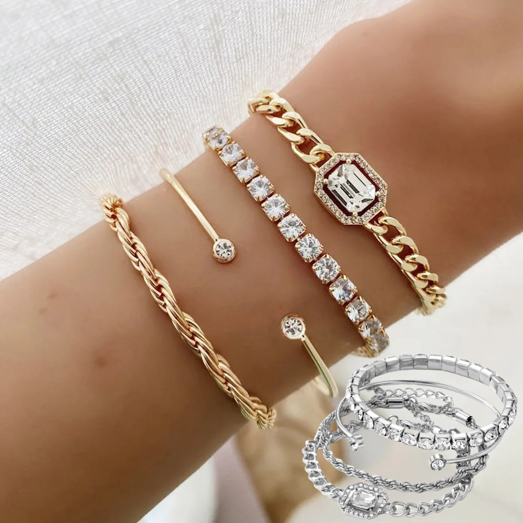 4-piece crystal bracelet set on wrist with gold and silver-toned rhinestone cuffs