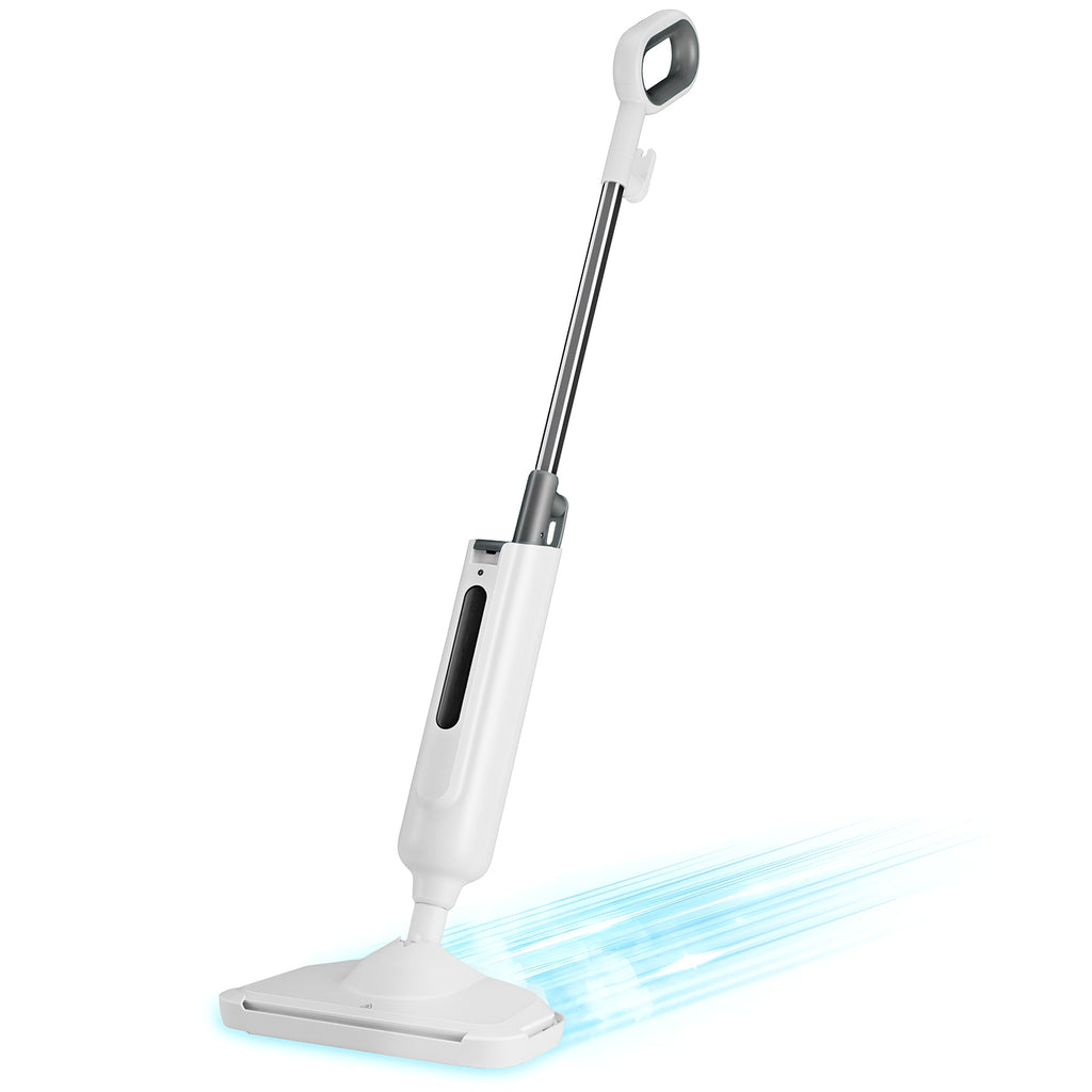 Lightweight steam mop with white base and visible steam jets for floor cleaning