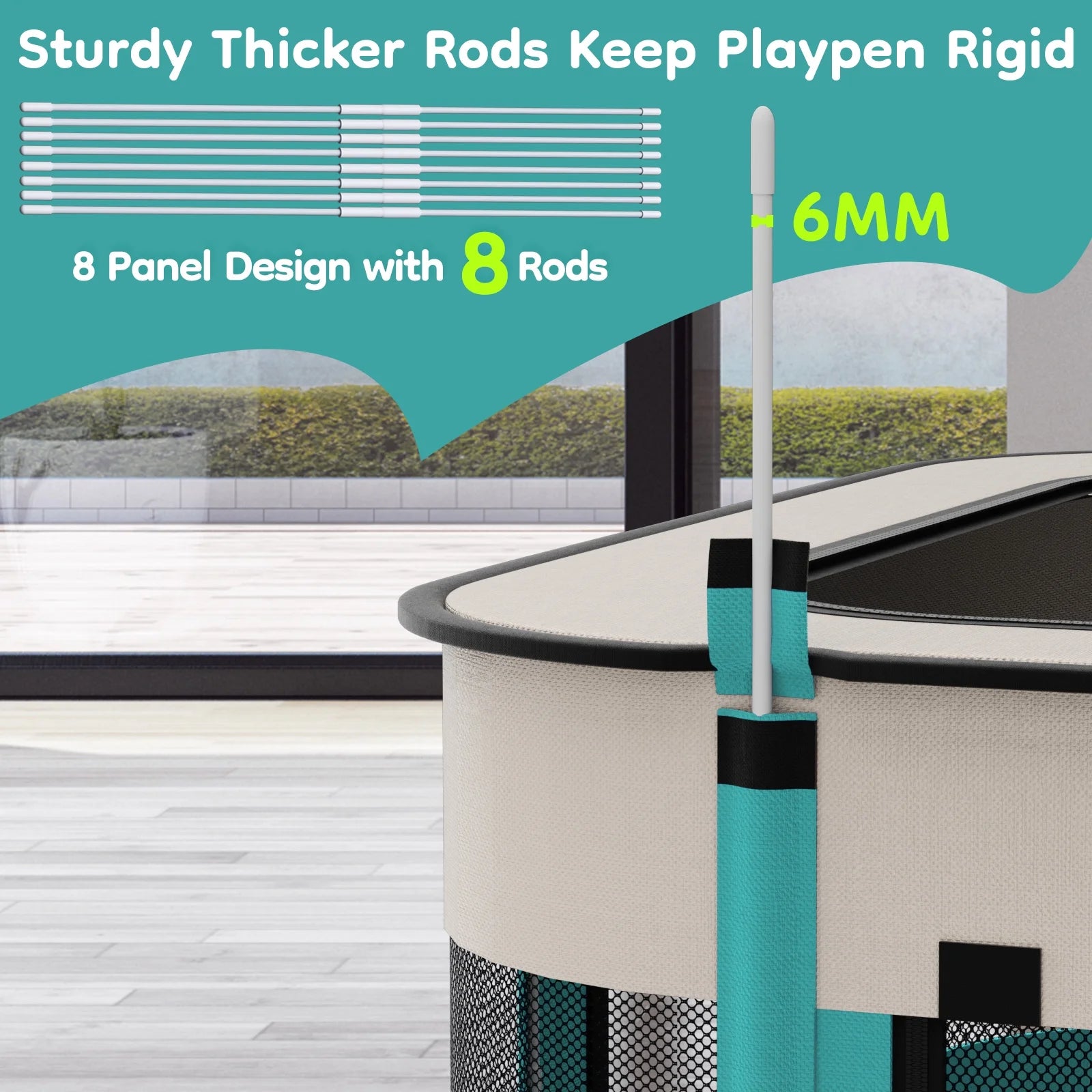 Teal and white pet playpen frame with thick support rods and top ring.