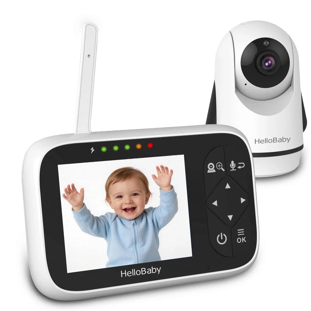HelloBaby baby video monitor with handheld LCD screen and stand-mounted camera, white and black
