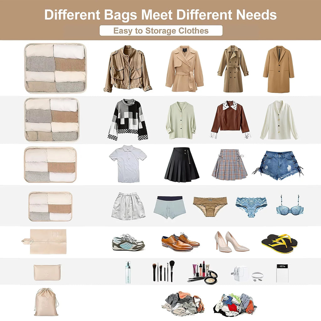 Beige packing cubes set with multiple compartments and drawstring pouches for clothes