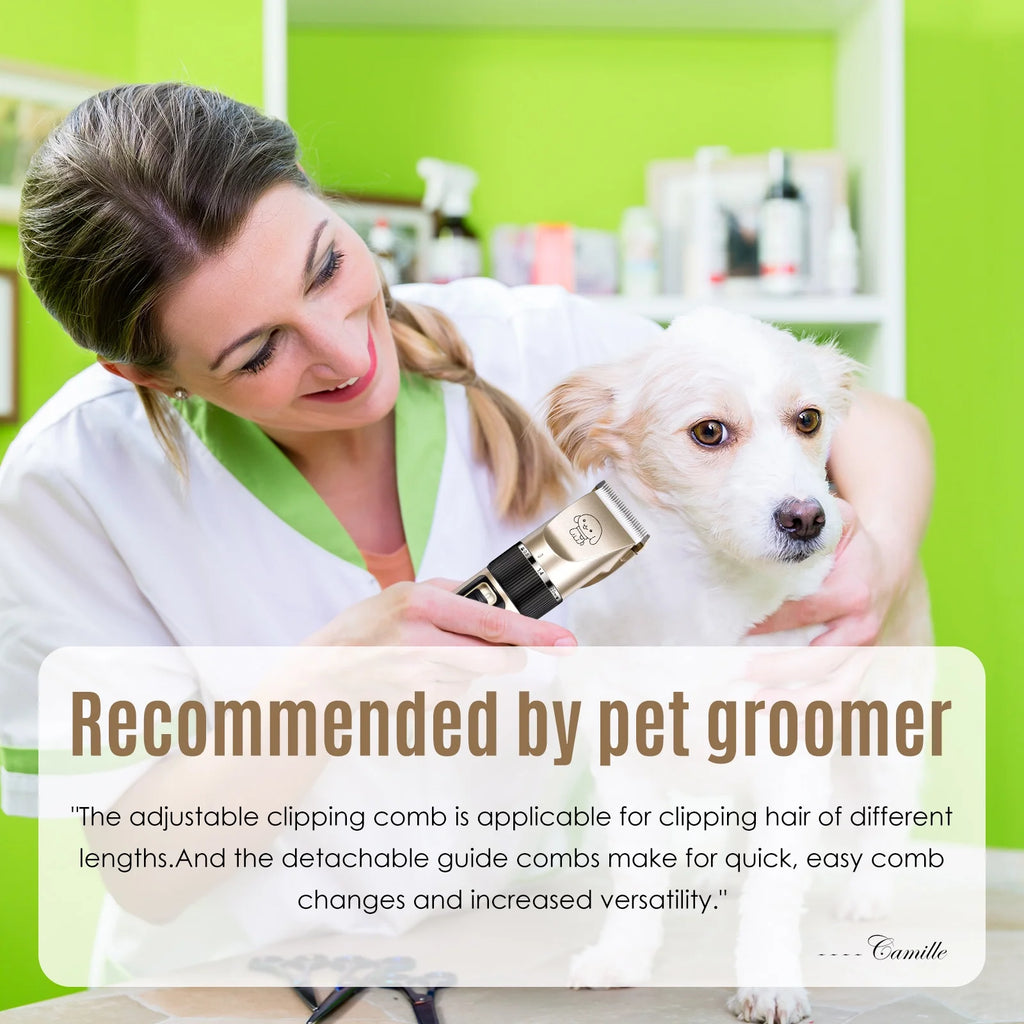 Cordless pet clipper in use on a small white dog while grooming in a room