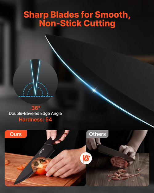 Black kitchen knife close-up with bright edge highlight and handle