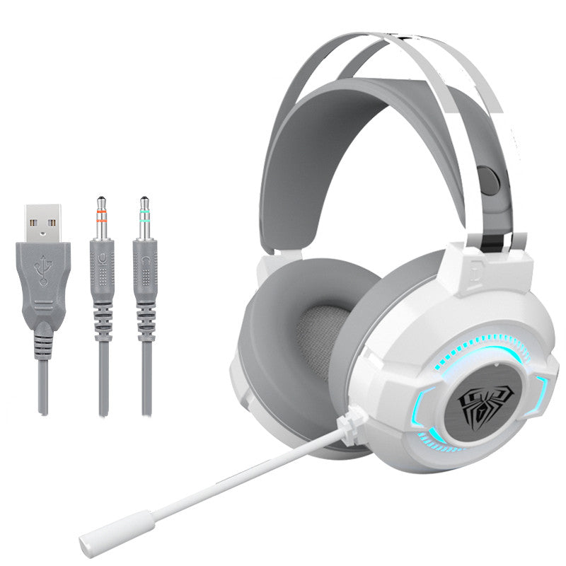 White gaming headset with blue RGB earcup ring lights and detachable cable set
