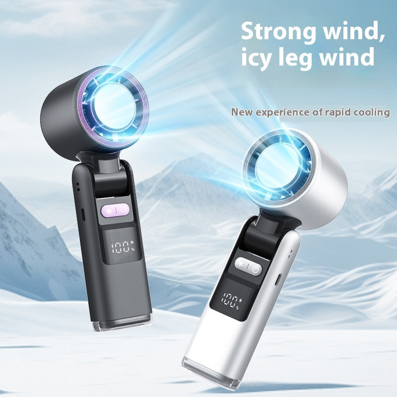 Mini turbo handheld fan, black and silver bodies with purple glowing ring and digital display