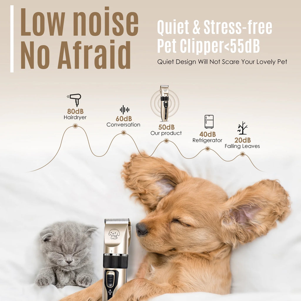 Cordless pet clipper on a dog with low-noise style diagram