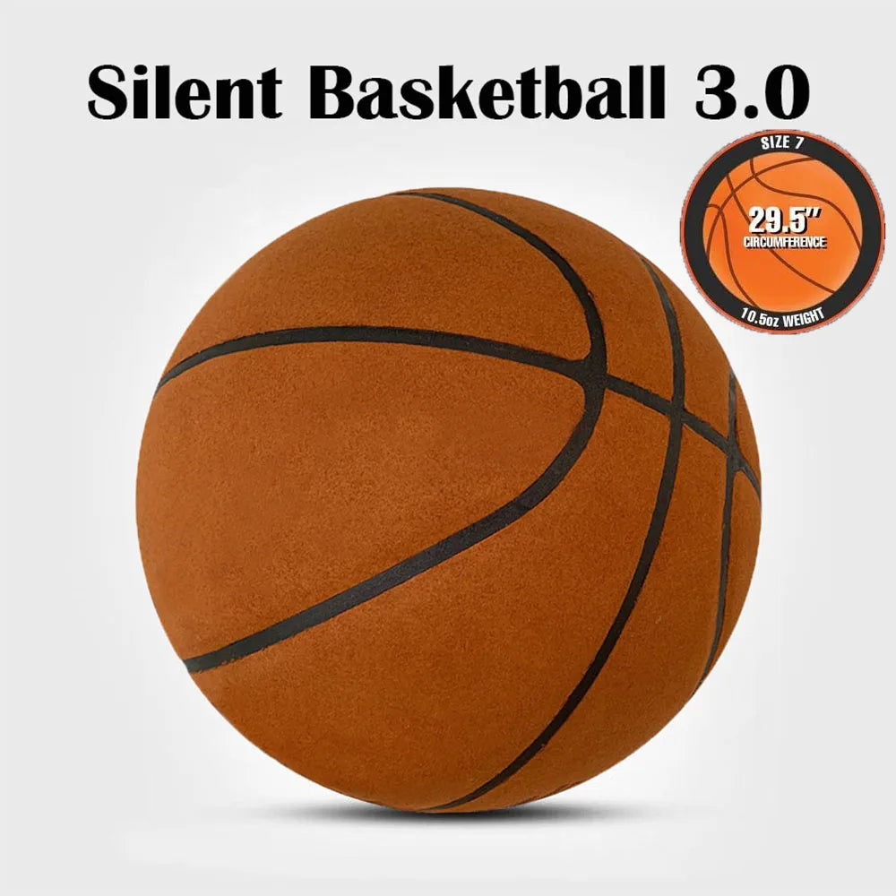Foam silent indoor basketball, orange with black panel lines, size 7.