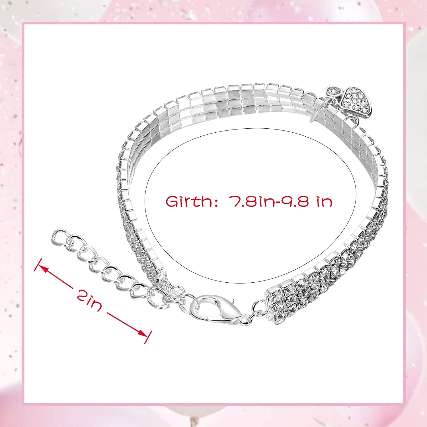 Rhinestone pet collar with adjustable chain and heart pendant charm, silver-tone