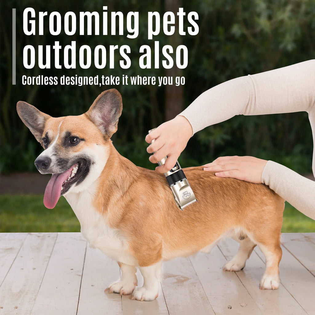 Cordless pet grooming clipper held near a tan dog on outdoor patio
