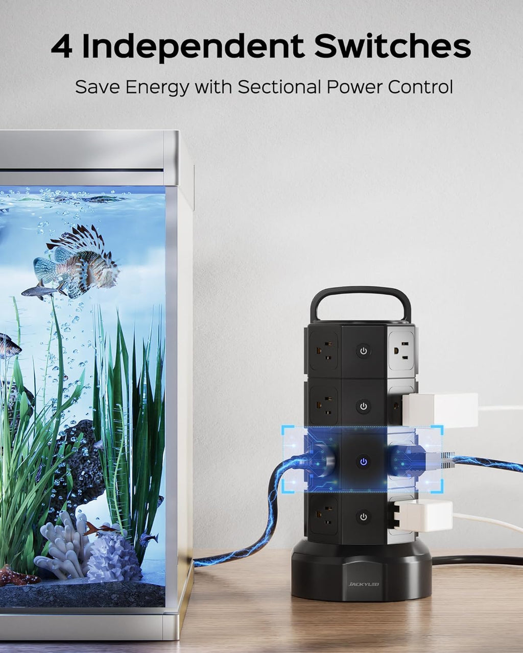 Black power strip tower with sectional power control buttons, AC outlets and USB ports