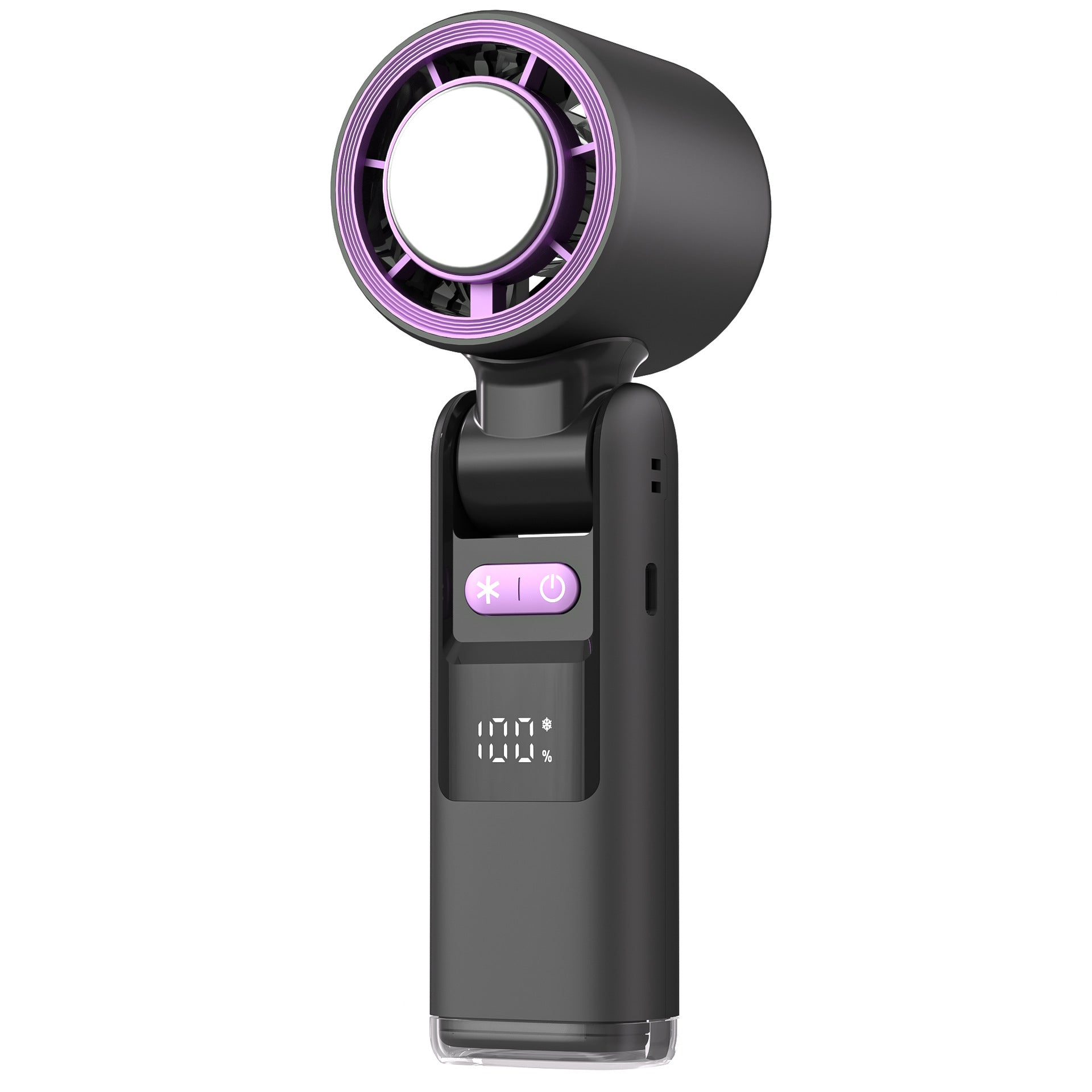 Mini turbo handheld fan in black with purple LED ring and digital control display
