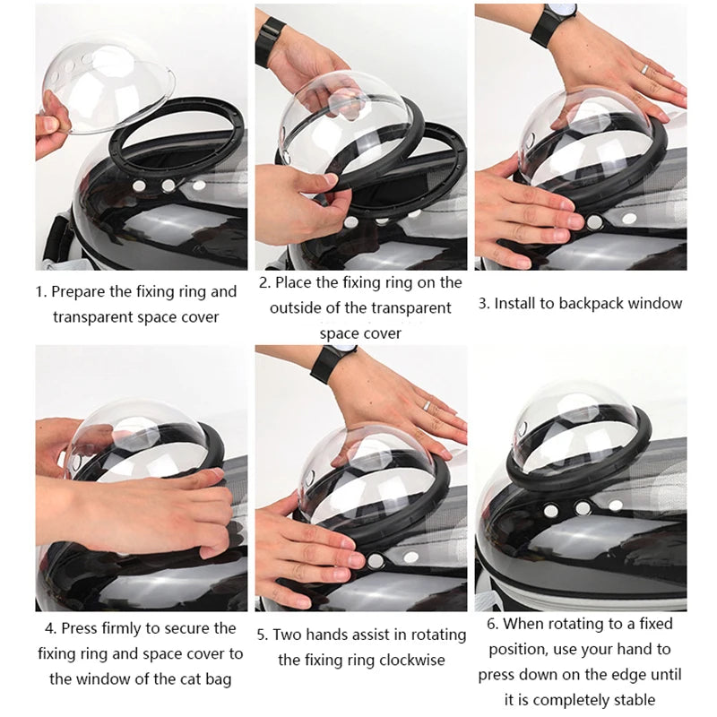 Pet backpack carrier clear window with fixing ring, shown during dome assembly
