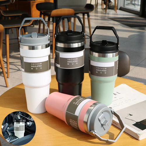 Insulated stainless steel tumblers with lids and handles in white, black, mint, pink