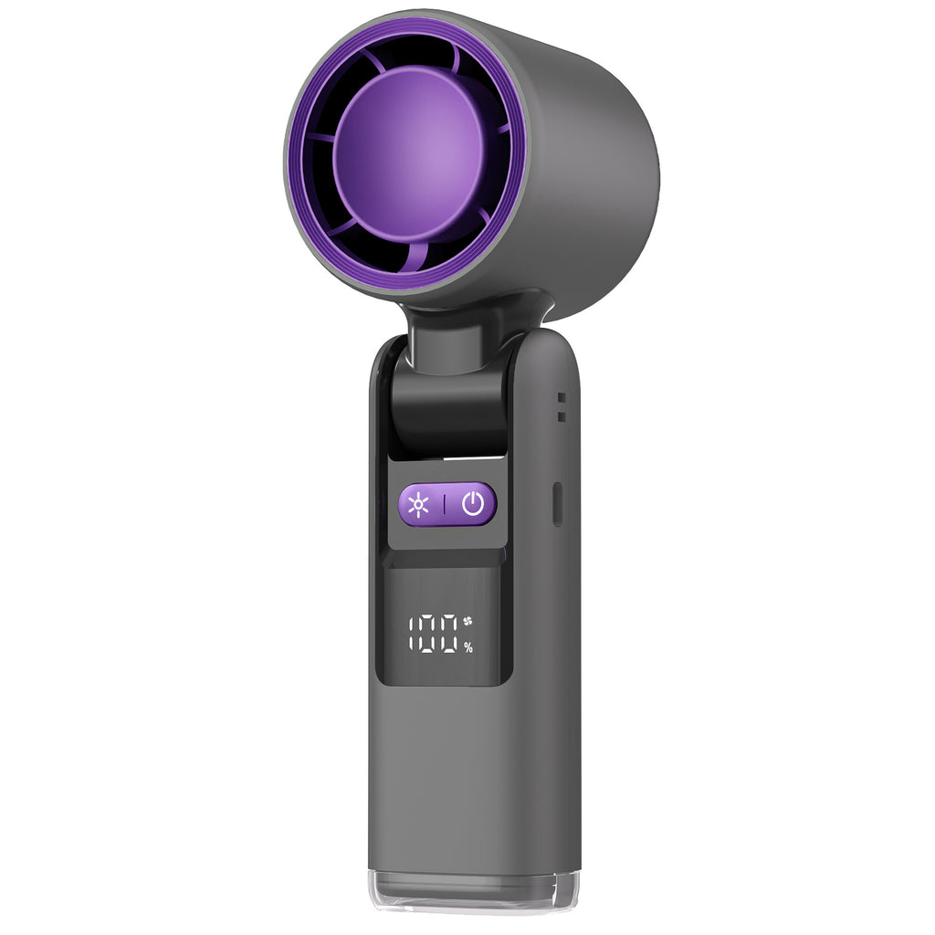 Mini turbo handheld fan in black with purple LED-lit front ring and digital display