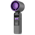 Mini turbo handheld fan in black with purple LED-lit front ring and digital display