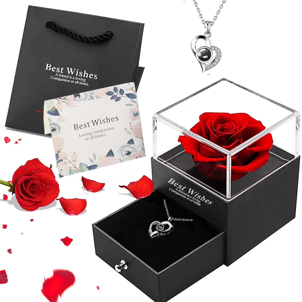Preserved red rose in clear jewelry box with heart pendant necklace and gift bag