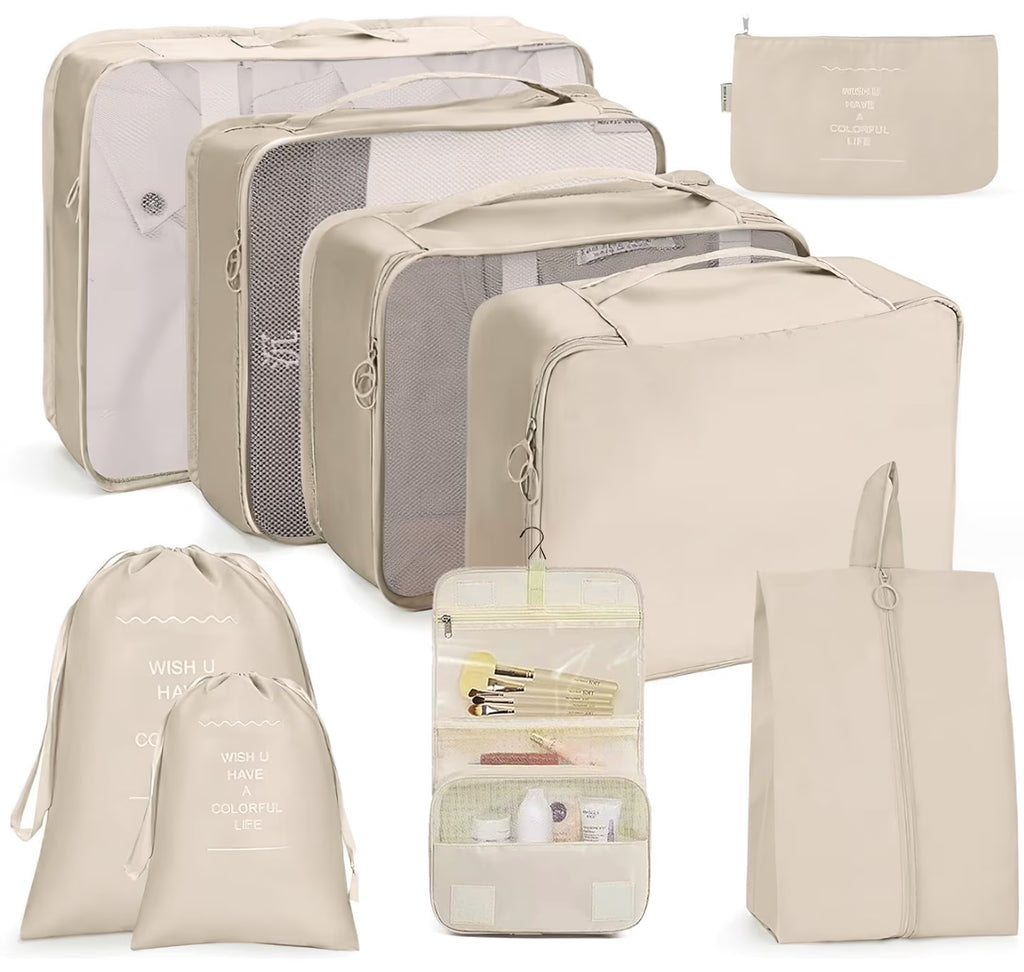 Beige travel packing cubes set with toiletries bag, zipper pouch, and drawstring bag