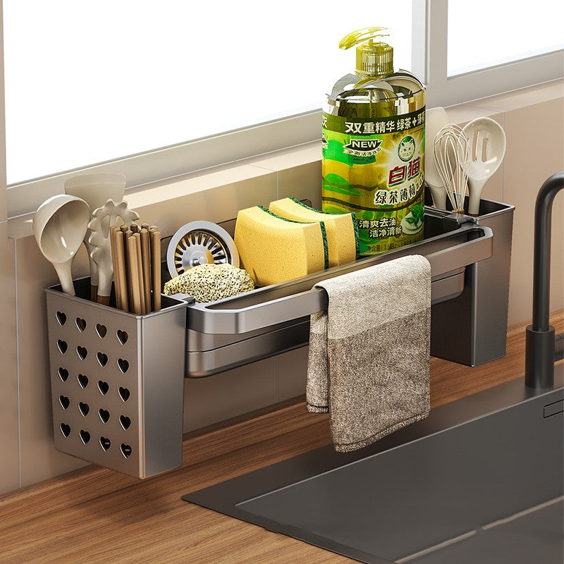 Over-the-sink dish drying rack with perforated utensil caddy, towel bar, gray finish