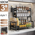 Kitchen storage rack with jars and bottles, plus a front wooden chopping board