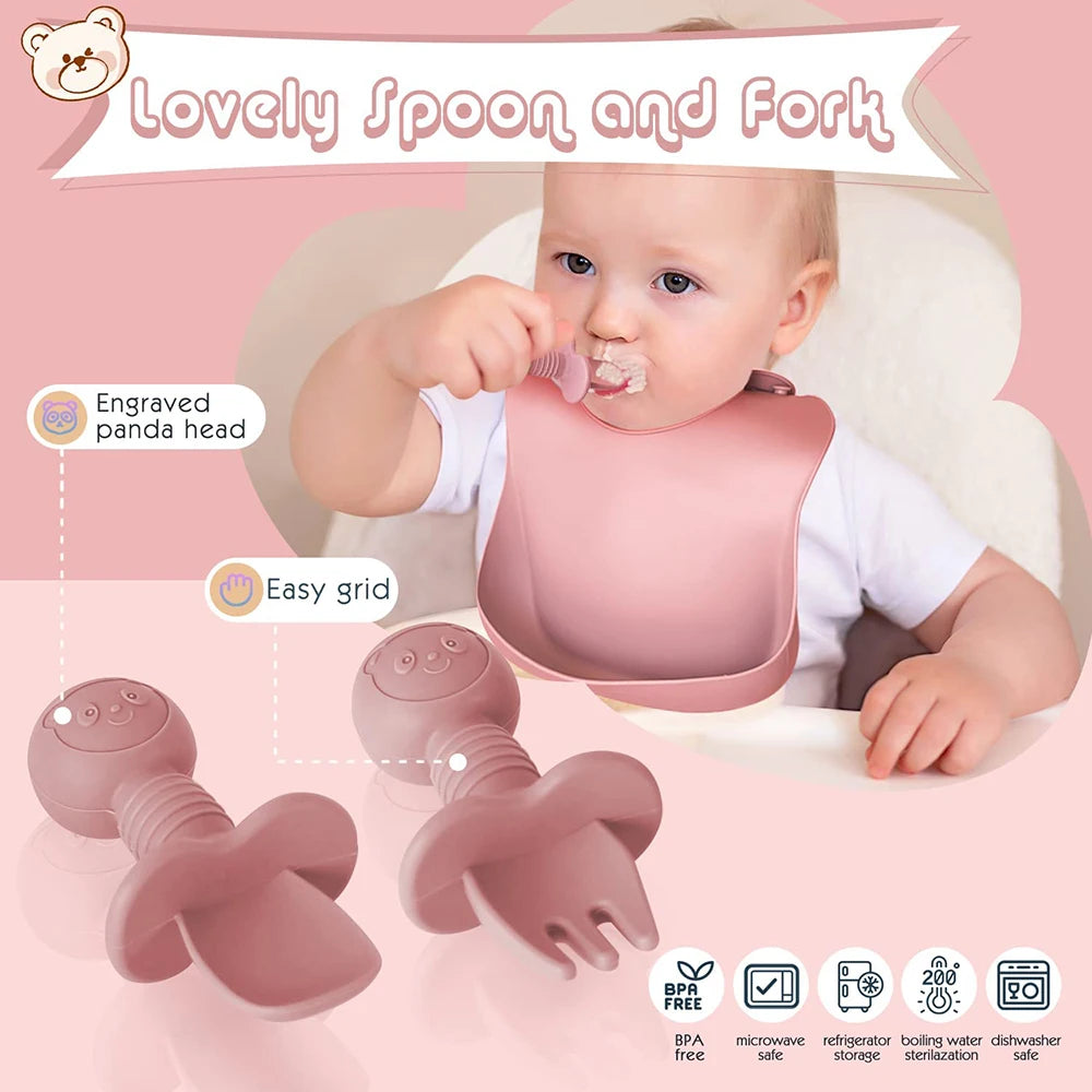 Baby silicone feeding set in dark pink with bib, suction bowl, spoon and fork