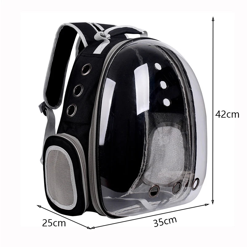 Pet backpack carrier size view with clear dome window and mesh side panels