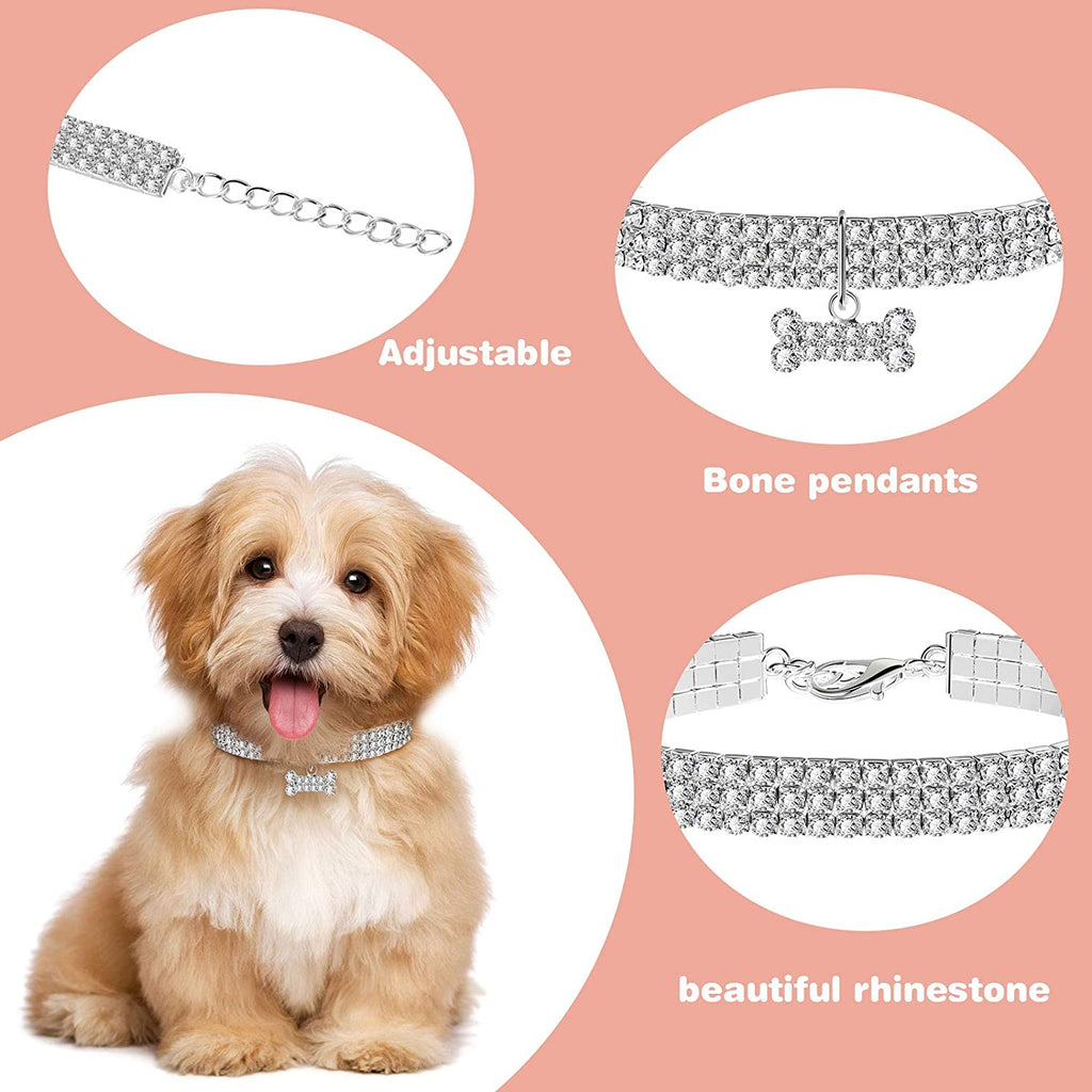Rhinestone pet collar set with adjustable band and bone pendant charm, silver-tone