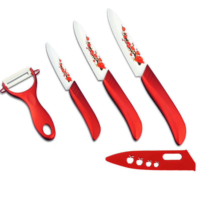 Ceramic fruit knives set: four red handles with floral printed white blades