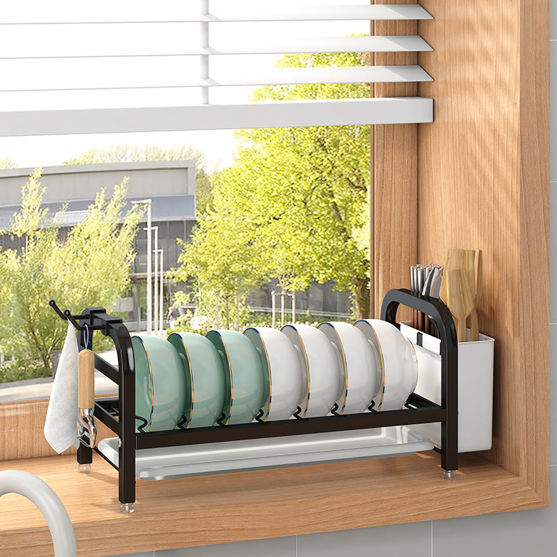 Double-Layer Kitchen Storage Rack — Dish Rack with Chopstick Canister & Hooks