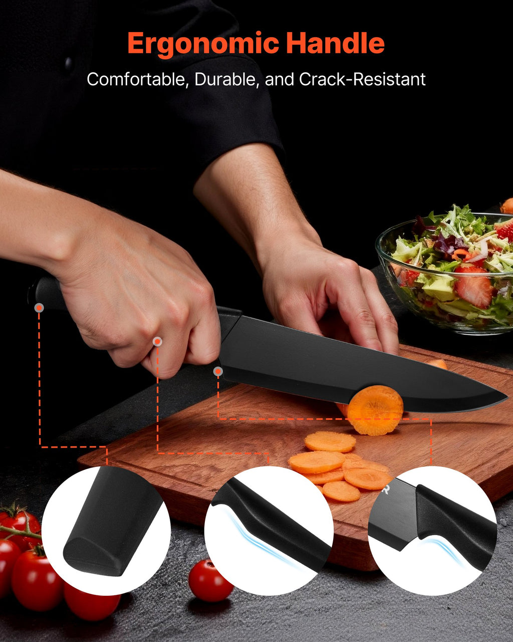 Black chef knife with ergonomic handle held for slicing on cutting board