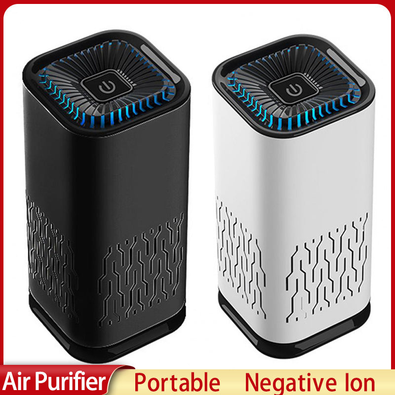 Black and white portable air purifiers with blue-lit top fan grilles and vented sides.