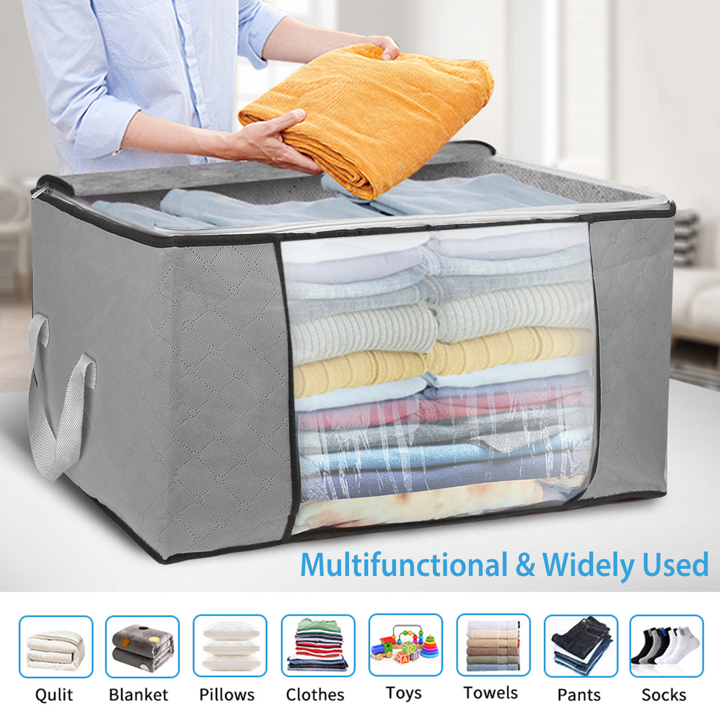 Grey fabric storage bag with clear window showing folded clothes and double zipper front