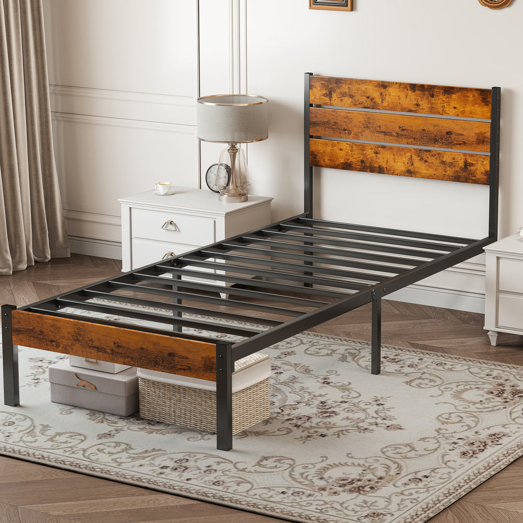 Metal platform bed frame with headboard and footboard, black frame and woodgrain panels