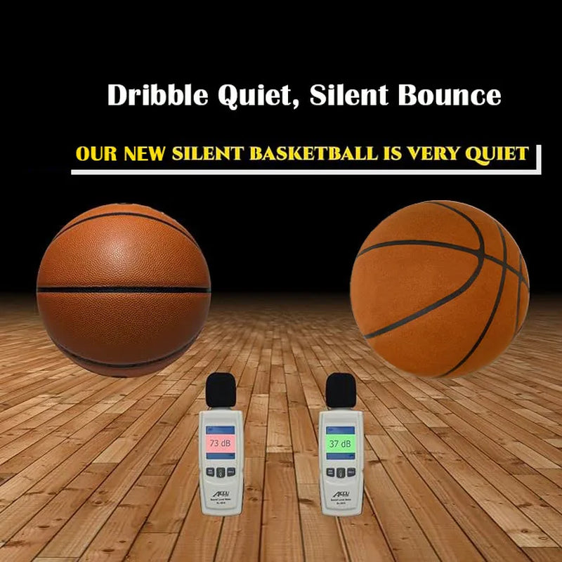 Foam silent indoor basketball pair, brown and orange-brown balls with black panel lines.