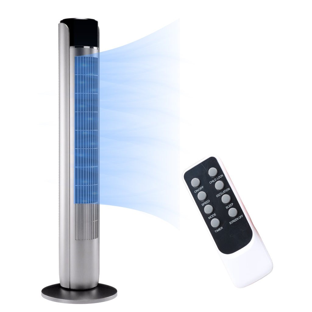 Standing cooling tower fan with vertical grille and round black base, plus remote control