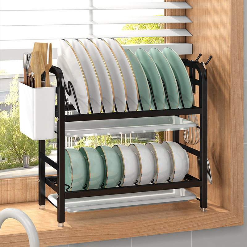 Double-Layer Kitchen Storage Rack — Dish Rack with Chopstick Canister & Hooks
