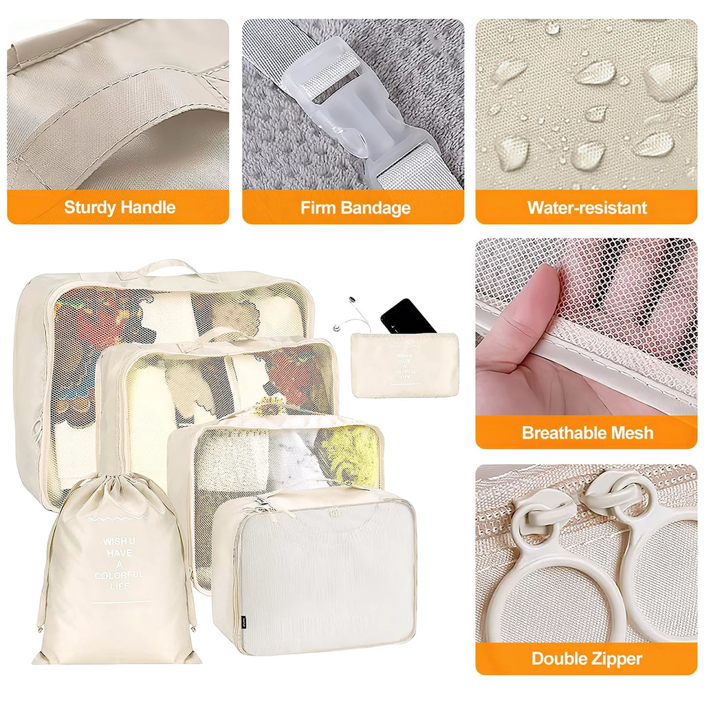 Beige packing cubes with breathable mesh panels, double zippers, and sturdy carry handles