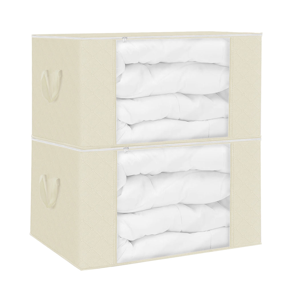 Set of 2 fabric clothes storage bags, beige, with clear front windows and double zippers