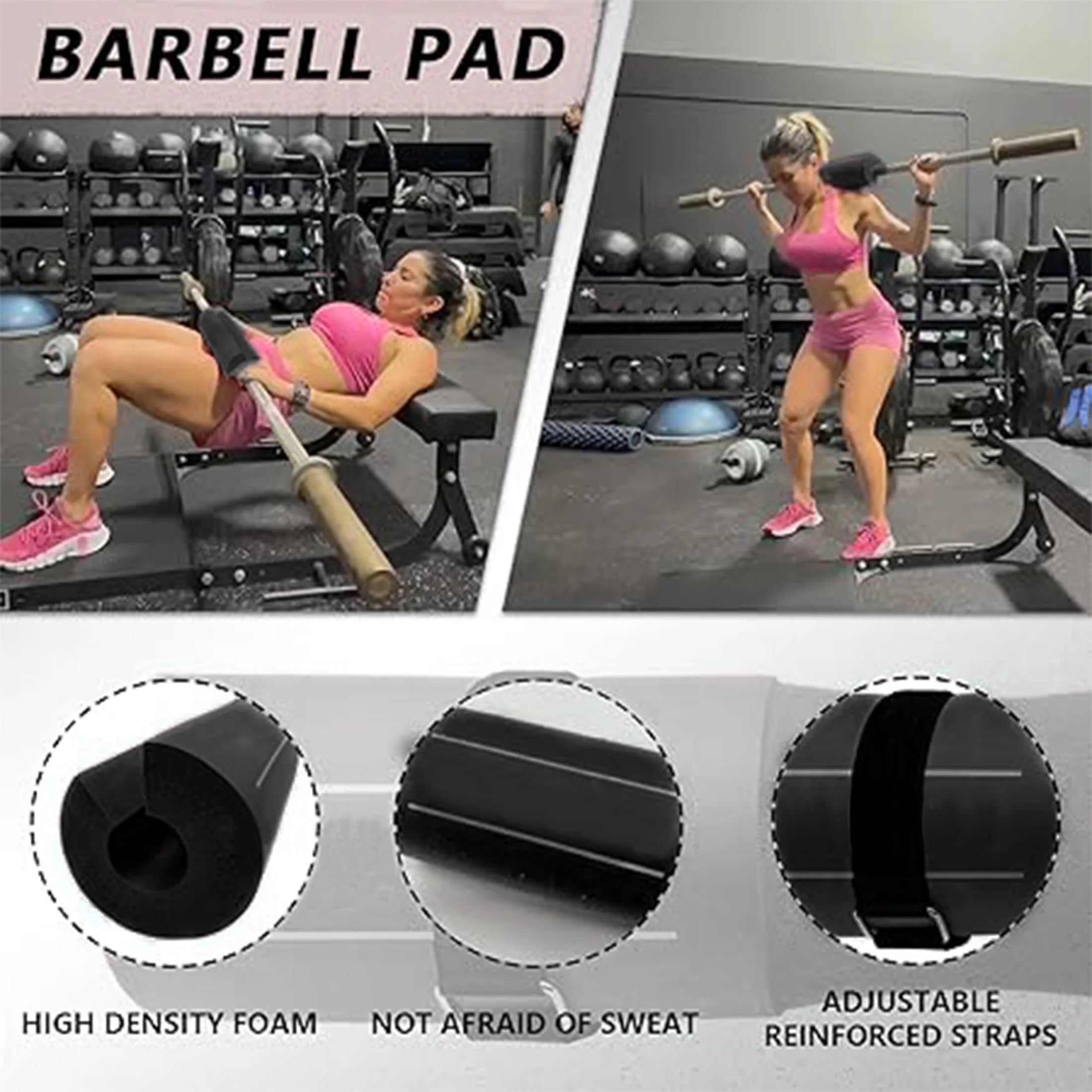 Black barbell pad with reinforced straps, plus hip resistance bands and ankle straps