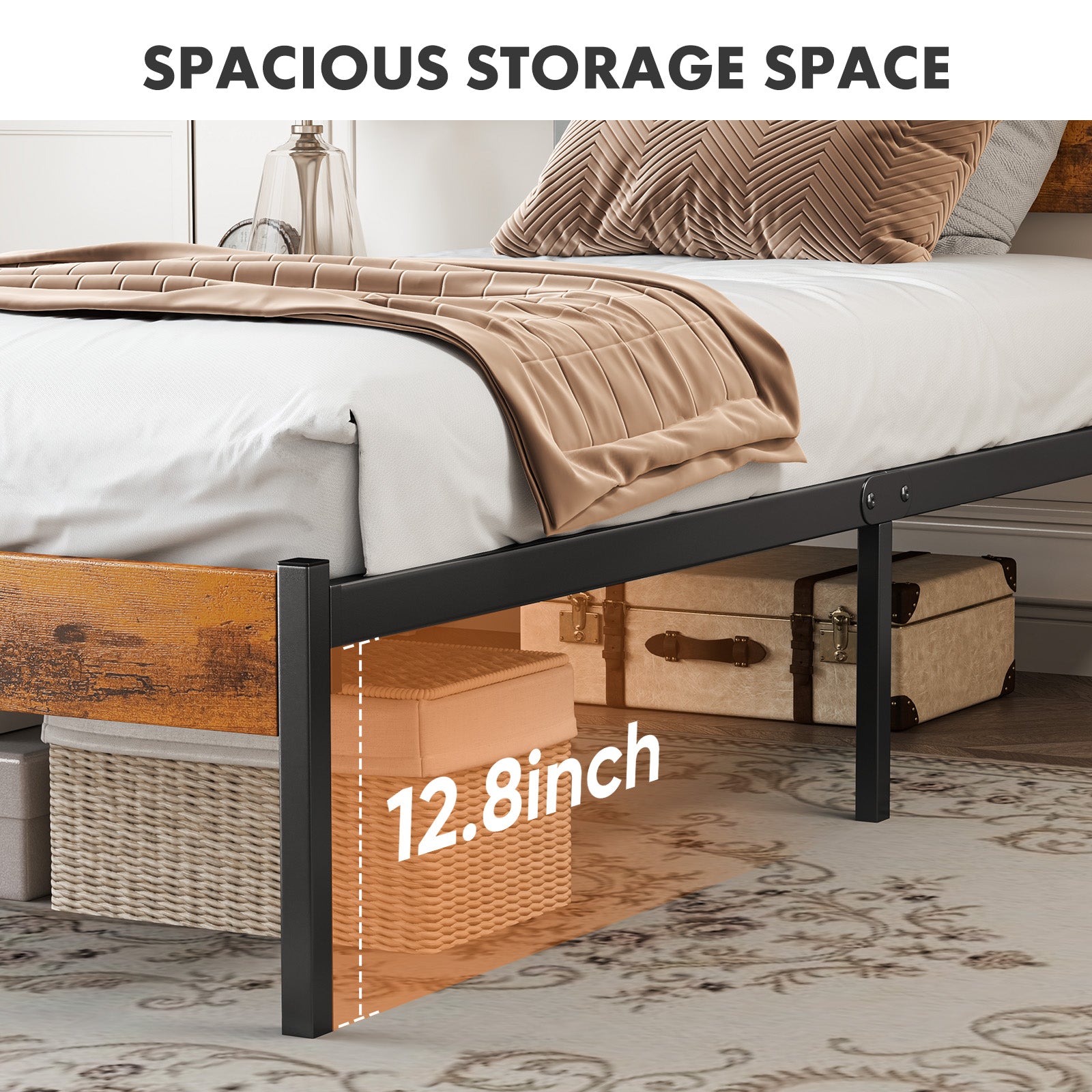 Lift-up bed frame with under-bed storage space, black rail and woodgrain headboard panel