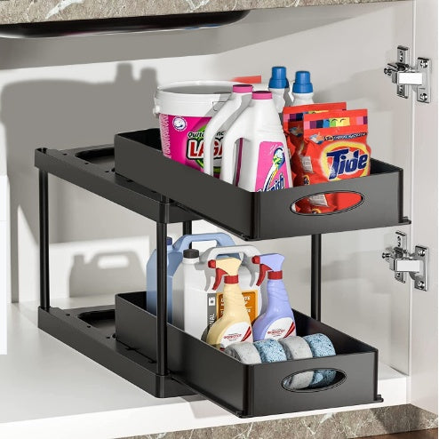 Black dual sliding under-sink organizer with top basket hooks and two lower shelves