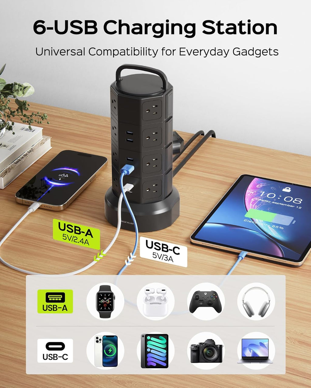 Black power strip tower charging devices with six USB ports and AC outlets