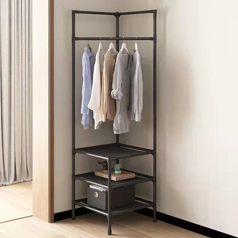 Black corner coat rack with hanging bar, top hooks, and two-tier open storage shelves